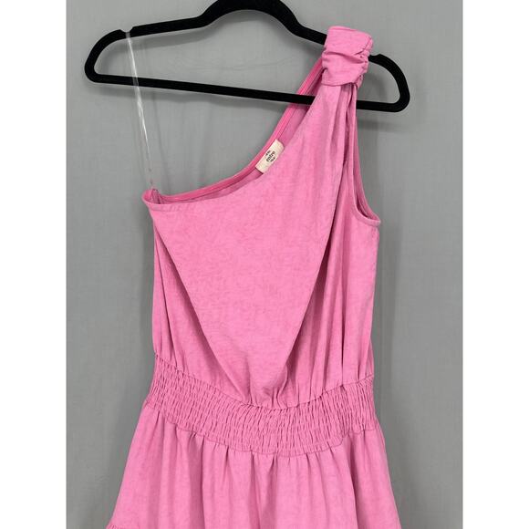Entro Dress Women Medium Pink Mini Ruffle One Shoulder Asymmetrical Tiered Boho - Picture 4 of 9